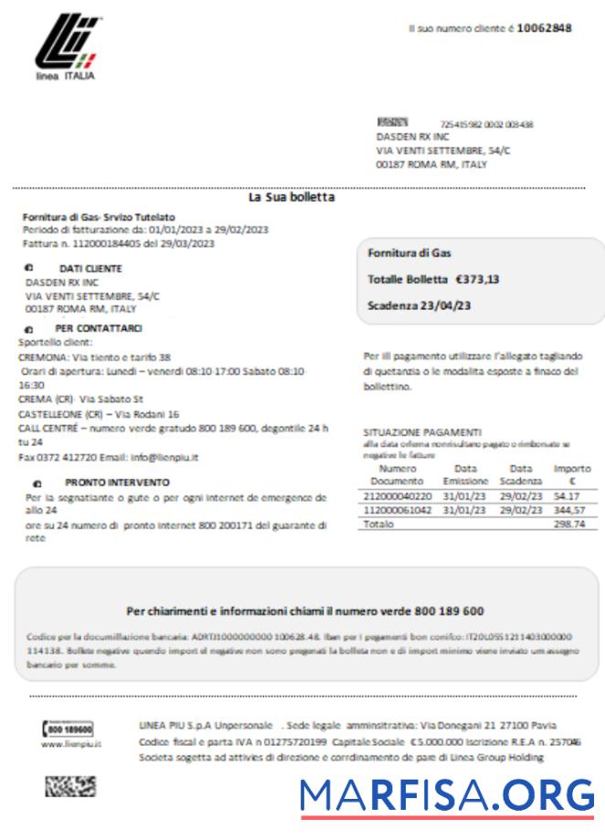 Downloadable Linea Italia utility business bill, SCR sample